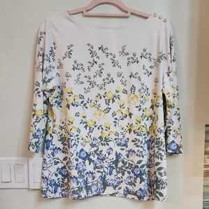 Charter Club Floral Print Long Sleeve Tee - White, Yellow, Blue